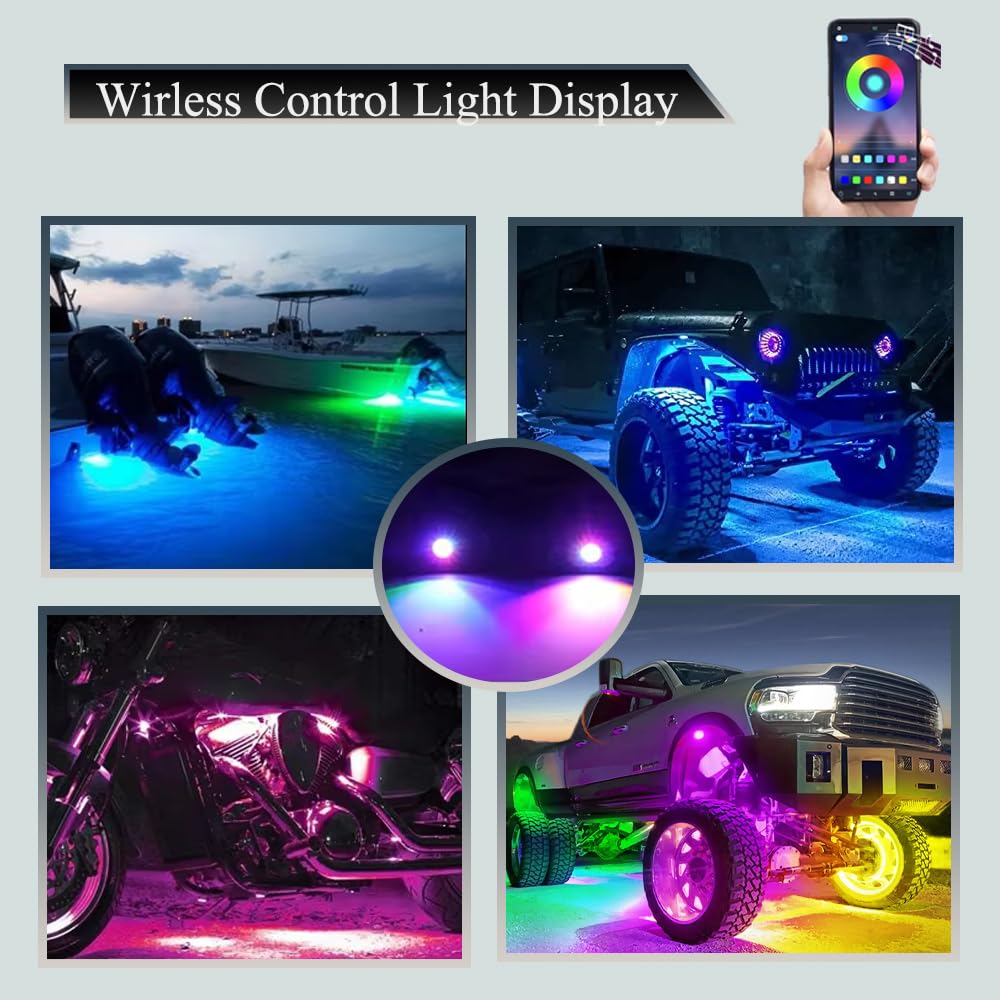 Riloer Luci LED RGB Rock, 6 pezzi, controllo tramite app Bluetooth, compatibili con auto, camion, ATV, SUV, 12 V DC, LED, cambia colore, impermeabile IP68