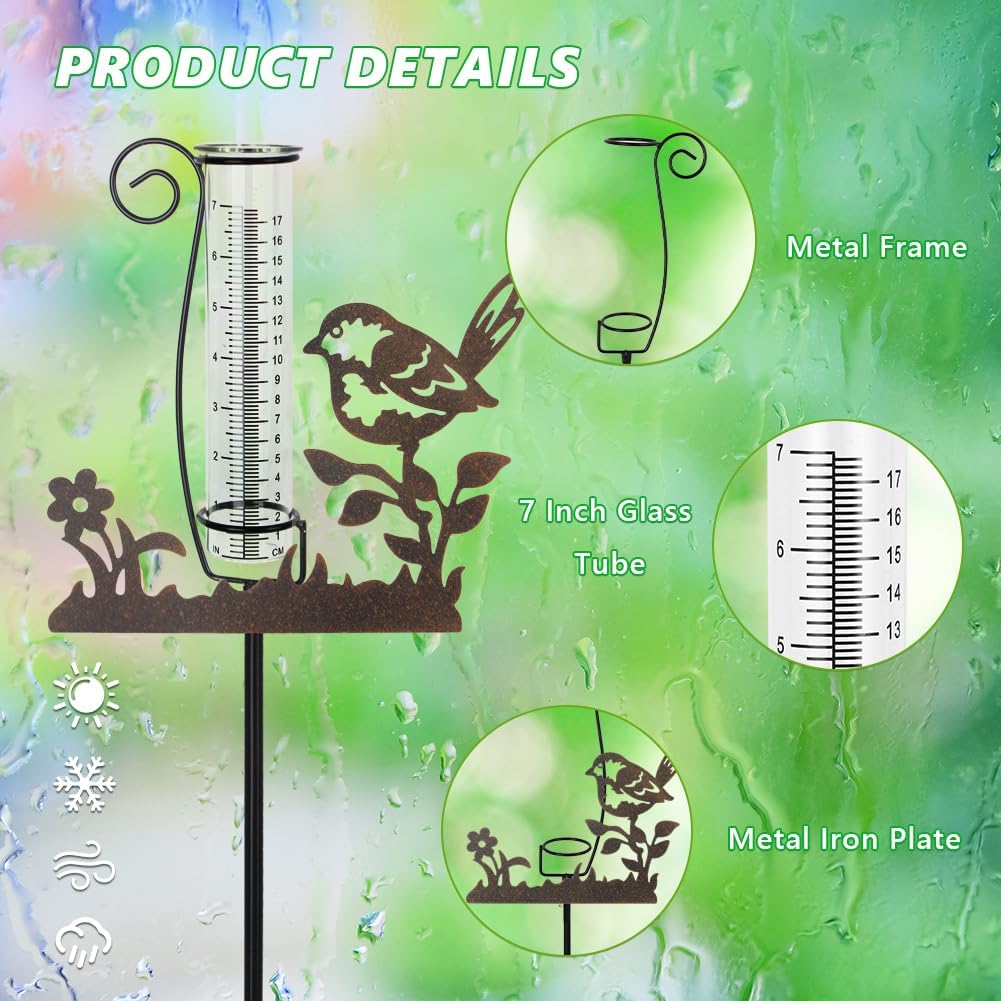 Rain Gauge Outdoor,7 Inch Decorative Bird Rain Gauges Outdoors Best Rated,Glass Water Rain Measure Gauge with Removable Metal Plate for Yard Patio Lawn Decor