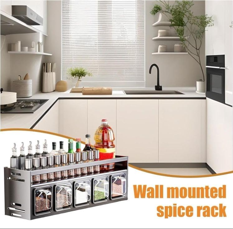 KANVIPRIYA No Drill Metal Double Tier Modern Kitchen Spice Rack Multifunctional Wall Mounted Home Use Seasoning Storage Box (Small) 4