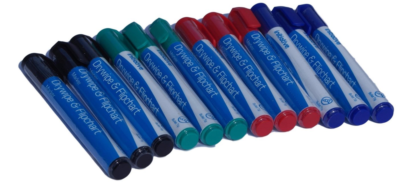 Pack of 12 green, blue red and black drywipe & flipchart marker pens