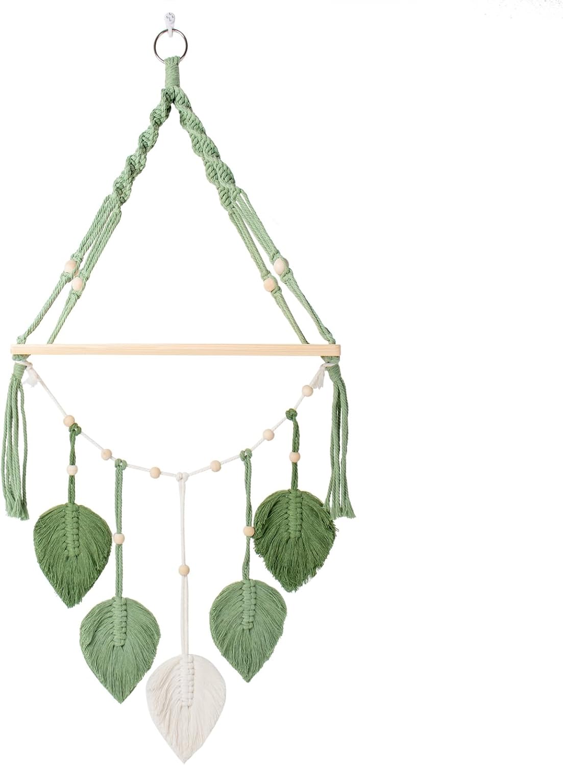 Boho Macrame Wall Hanging Shelf with Green Leaves, Natural Wood Floating Shelf for Wall Decor, Hanging Plant Shelf for Bedroom Living Room Nursery, Display Rack for Books Photos Candles