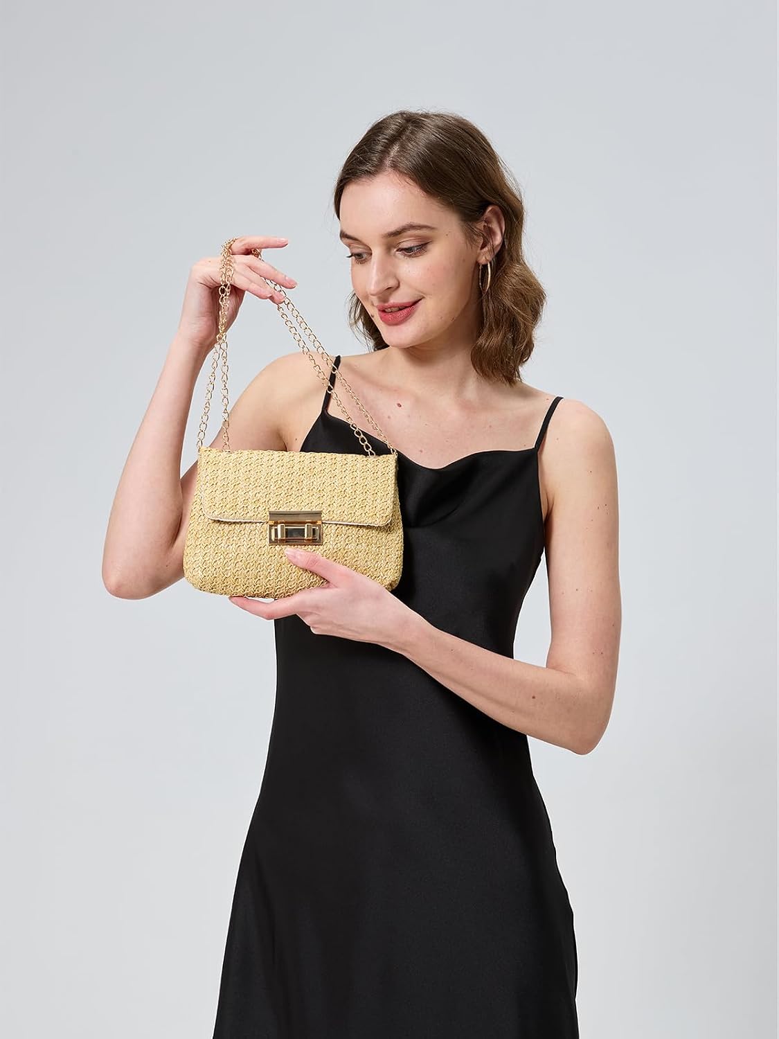 Woven Straw Purse Summer Clutch, Gold Chain, Flap with Turn-Lock Closure