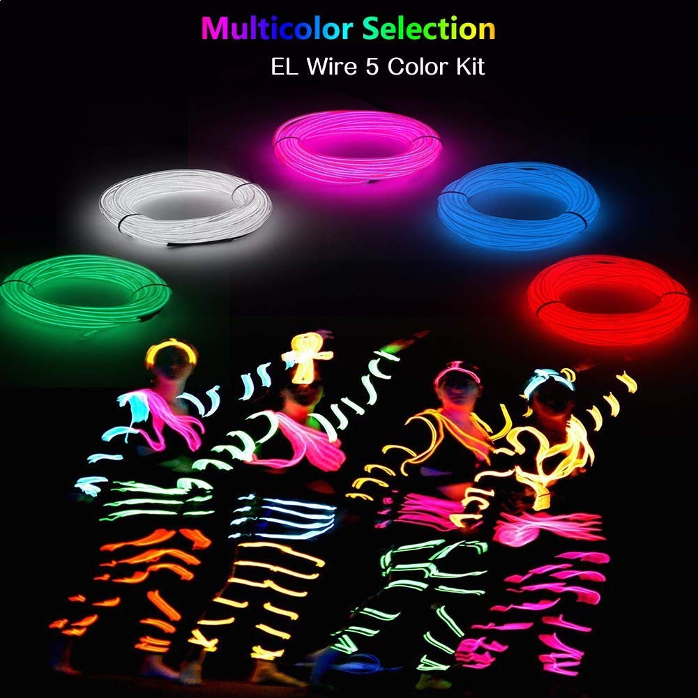 Alambre electroluminiscente (EL Wire) Splitter Kit,2set 5x1M Resplandeciente efecto estroboscópico luz paquete de baterías para fiestas Neon Lights,decoración de Halloween Navidad
