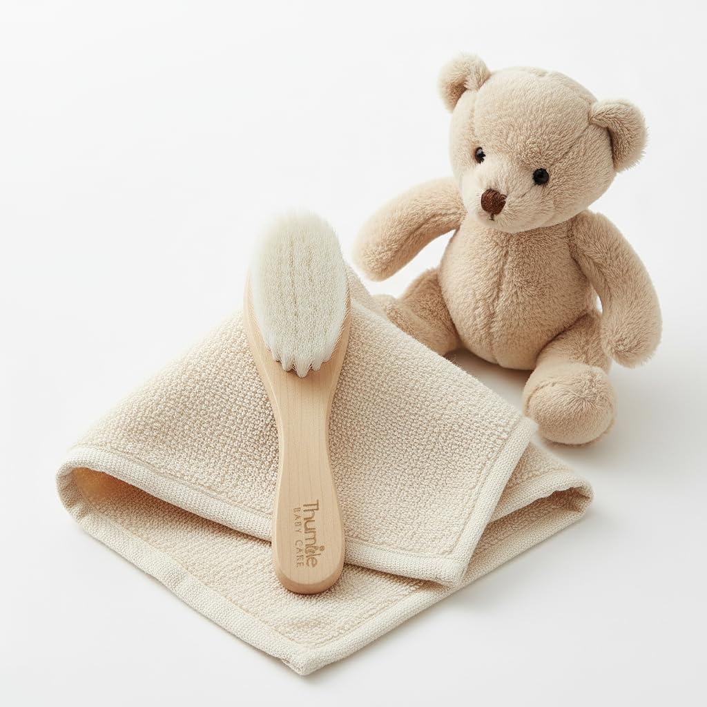 Brosse à Cheveux Bébé Poils de Chèvre Doux | Brosse Douce pour Nouveau-Né & Croûtes de Lait | En Bois Naturel Sans Plastique | Thumble Baby Care | Cadeau Baby Shower