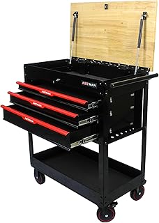 3-Drawer Rolling Tool Cart with Lift-Up Wooden Top, Heavy Duty Mobile Tool Cabinet with Secure Lock and Wheels, Multi-Functional Storage for Garage and Workshop