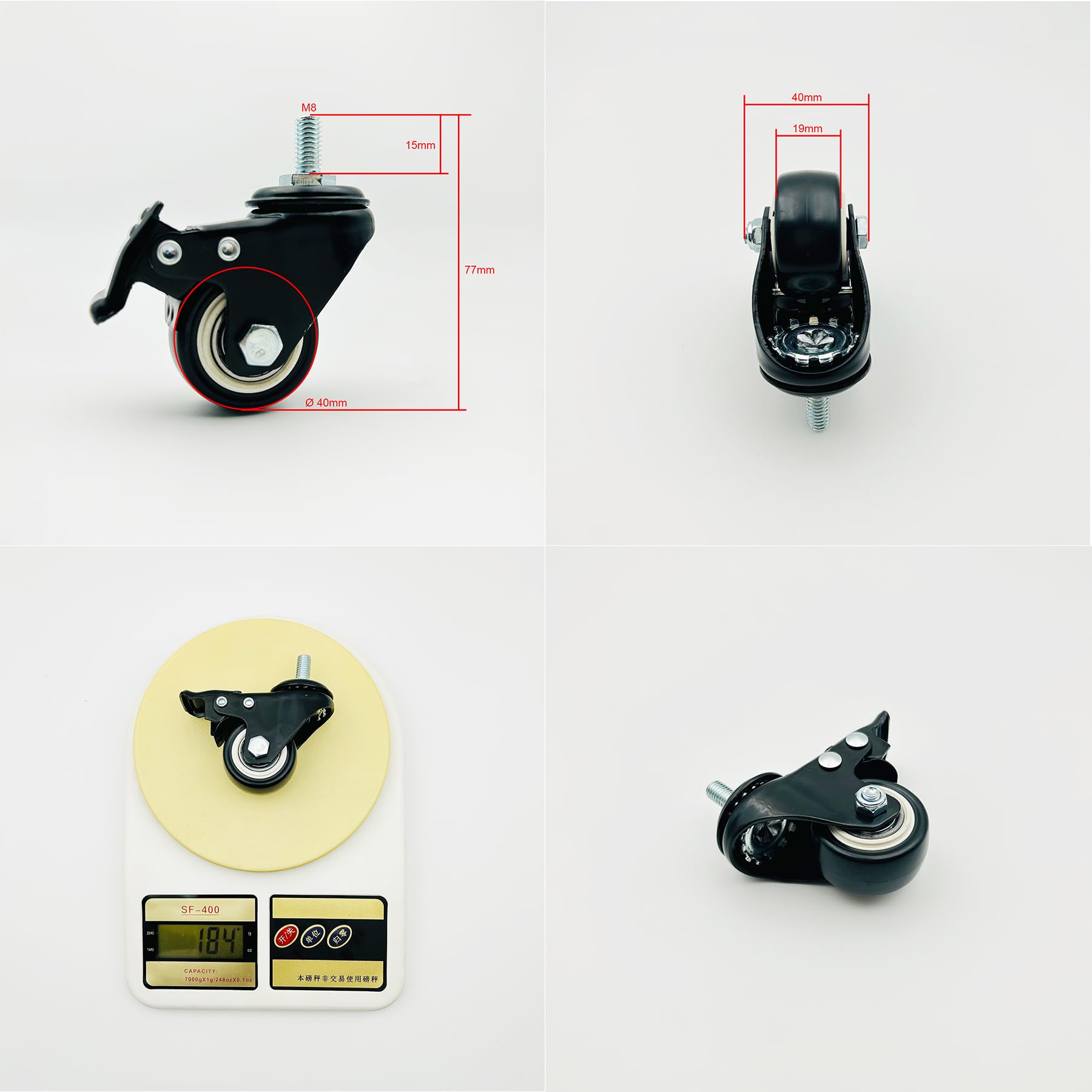 LIKERAINY Ruedas Giratorias de PE con Freno IC4811A Giro 360° Rosca Montaje Muebles Gabinete Diámetro 40mm Paquete de 4