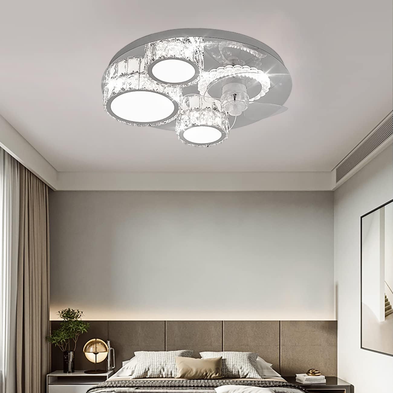 YUEGOO Ceiling Fans with Lamps,Crystal Ceiling Fans with Lights and Remote 3 Speeds Silent Fan Led Dimmable Ceiling Lights with Timer for Bedroom Living Room Dining Room/a