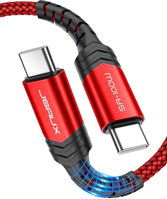 USB C to USB C Cable (3M/10FT 100W), JSAUX PD 5A USB Type C Fast Charging Charger Cable Compatible with MacBook Pro/Air, iPad Pro, iPad Air 5/4, iPad Mini 6, Samsung S22 Note 20, Huawei, Pixel, LG-Red