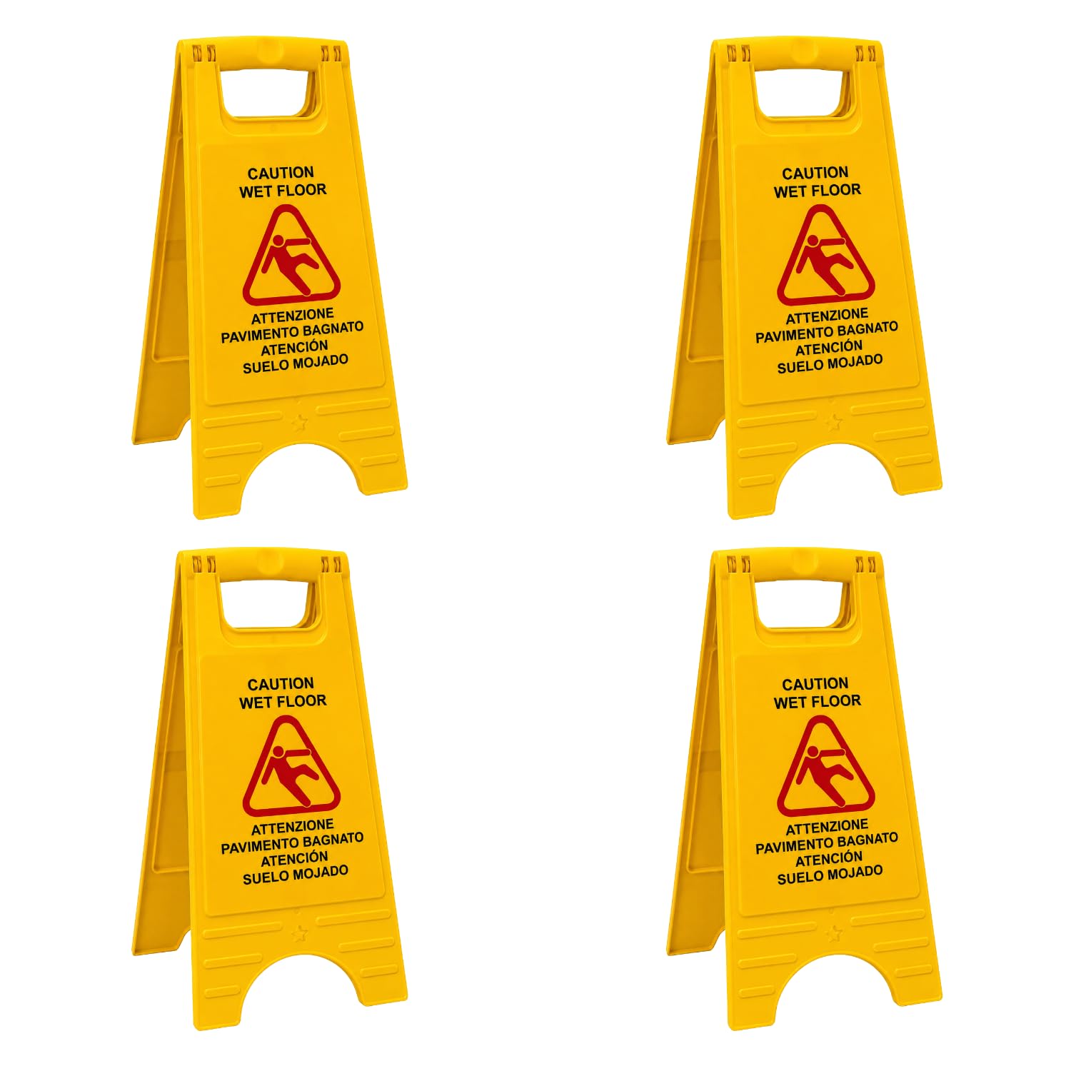 OWIJI Cartello Pavimento Bagnato Set 4 Cavalletti Pericolo Multilingue Bifacciale Segnale Autoportante Giallo Pieghevole 28x60 cm Plastica Alta Visibilità per Sicurezza Luoghi Pubblici e Lavoro