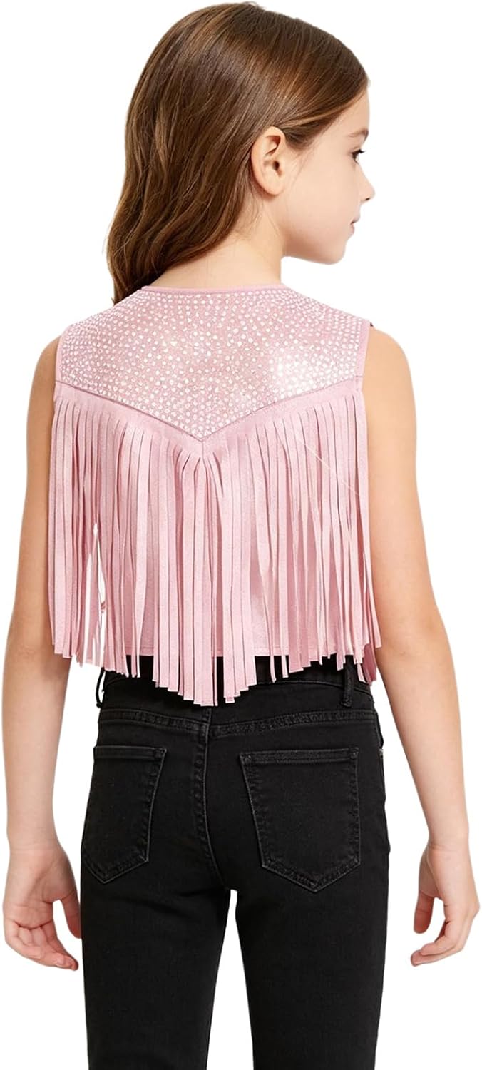 Agoky Girls Faux Suede Jacket Cowgirl Vest Boho Tassels Cardigan Western Redeo Performance Outfit for Hippie