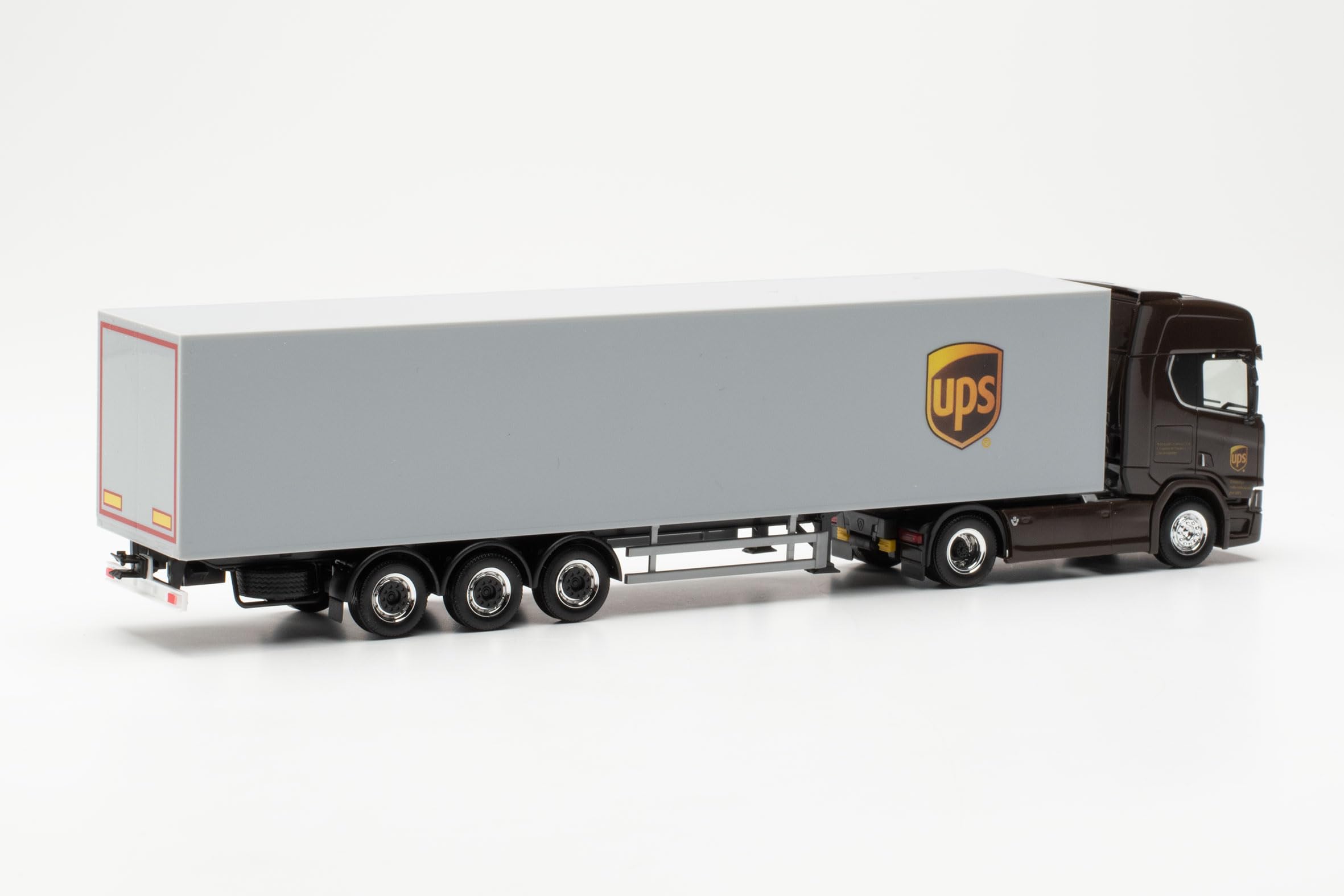 herpa LKW Modell Scania CR 20 HD mit Zwei Koffer-Aufliegern UPS Spanien (Spanien/Madrid), Miniatur im Maßstab 1:87, Sammlerstück, Made in Germany, Kunststoff