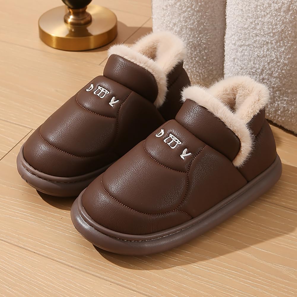 Plush Lined Home Slippers for Women Men Winter Non-Slip Waterproof PU Warm House Booties Indoor Outdoor Shoes - Image 5