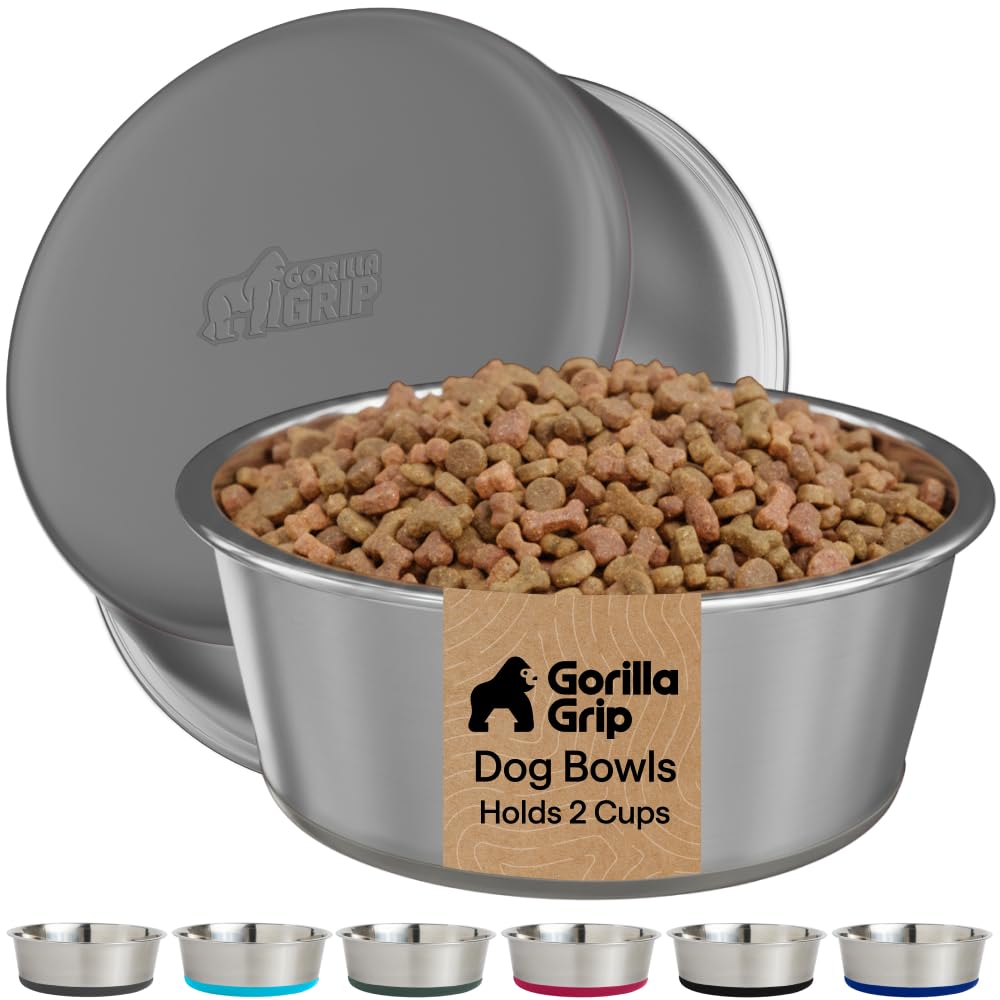 GORILLA GRIP Dog Bowls, Food Grade Stainless Steel, Set of 2, 2 Cup, Gray