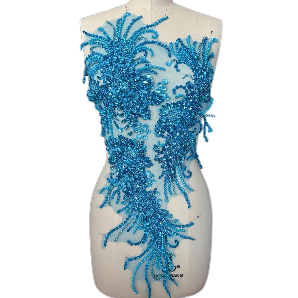 Handmade Rhinestones Lace Bodice Applique Sewing Glass Beads Sequins Crystal Trim Patches Accessory for Dress Clothes 12x26 inch (Light blue)