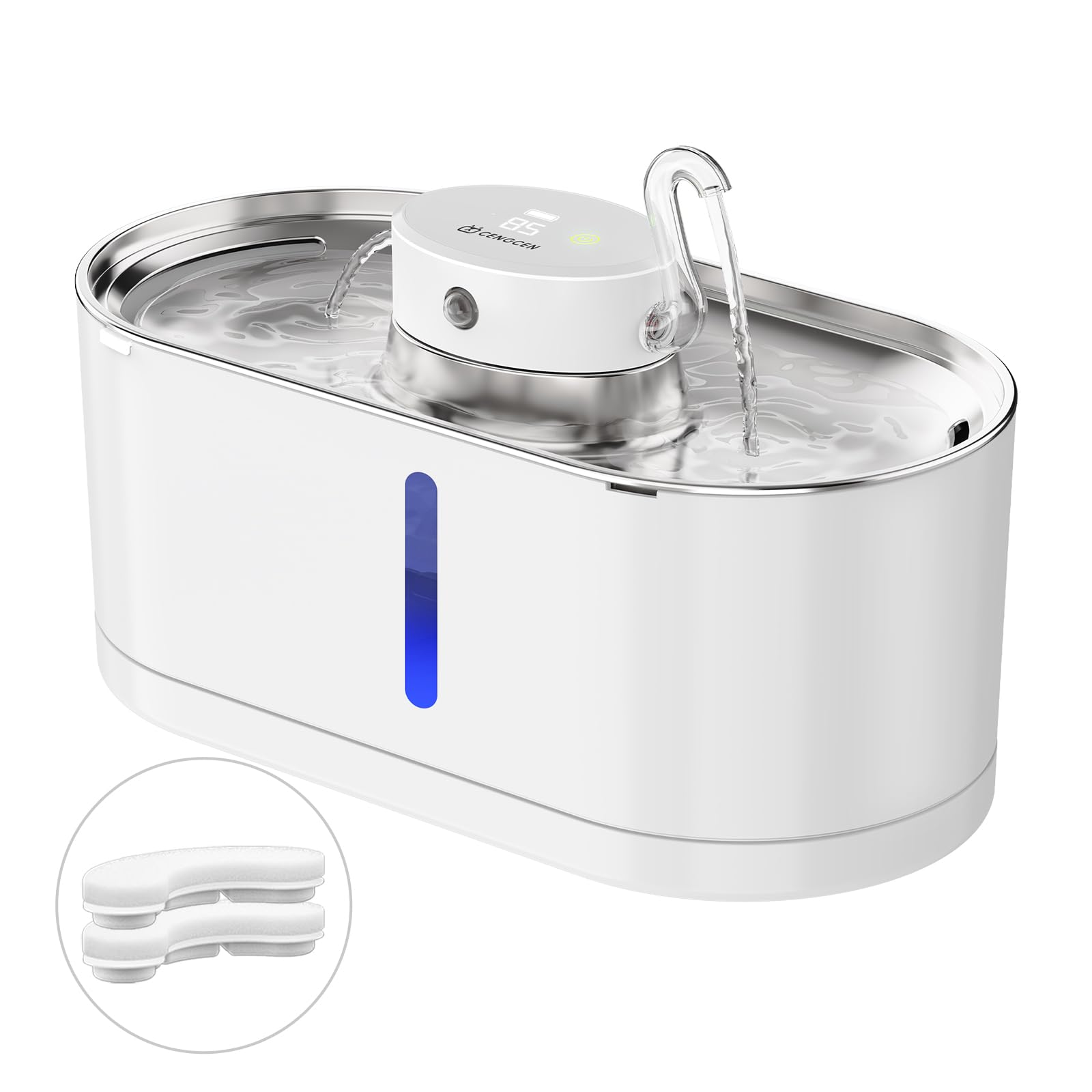 Cat Water Fountain Cordless, 108oz/3.2L Wireless Cat Fountains for Drinking, Pet Water Fountains for Cats Indoor, Automatic Cat Water Dispenser Battery Operated Rechargeable, Stainless Steel White