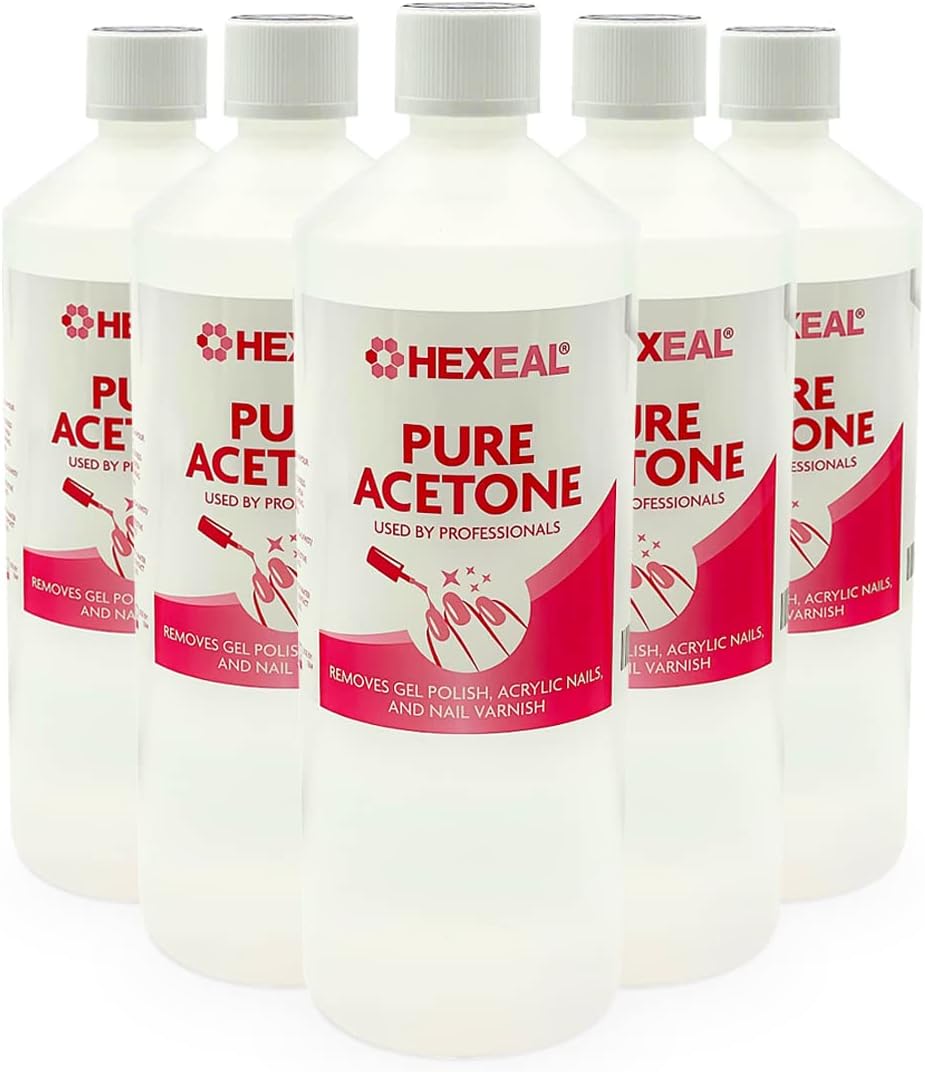Pure Acetone 5L โ 5 x 1L Bottles of 99.5% High Strength Acetone for Nail Polish & Nail Varnish Removal โ Professional Quality Gel Polish & Acrylic Soak Off & Removal