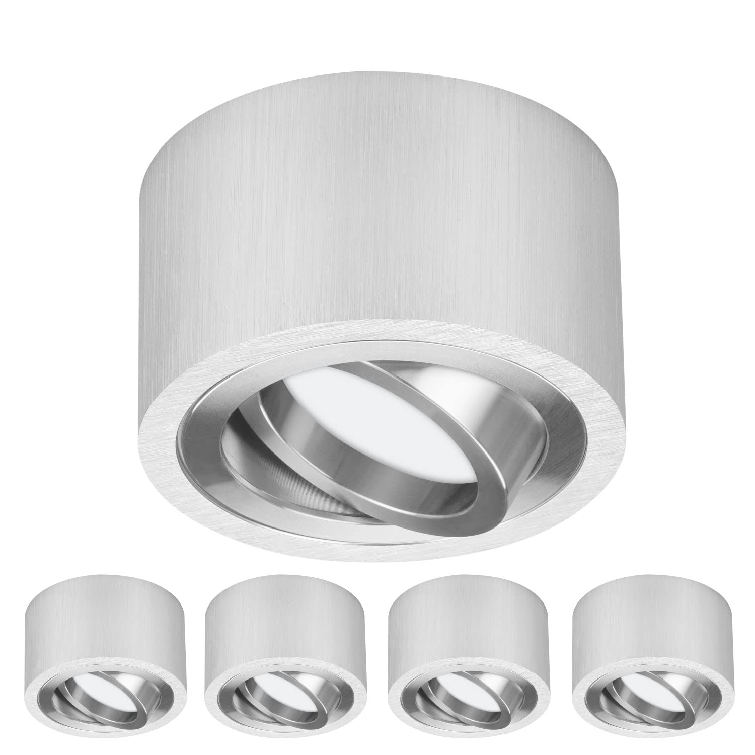 TEVEA Premium Aufbauspot Deckenleuchte Flach | Led Modul IP44 230V 7W 3 Step Dimmbar austauschbar | Deckenspot auch fürs Bad | 5er Pack (Silber - Warmweiß)