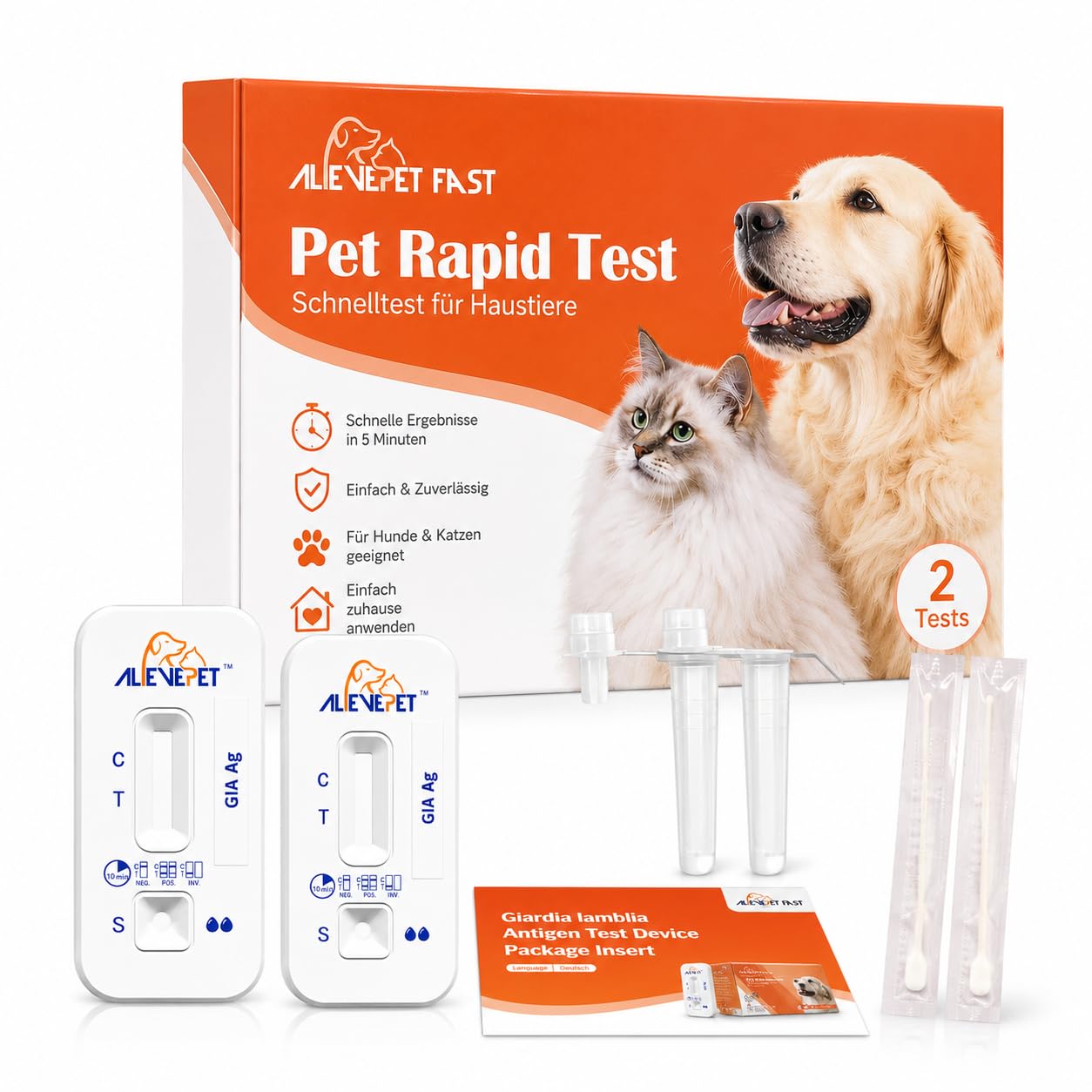 AlievePet Giardien Schnelltest für Hunde & Katzen, 2 Stück Giardien Test mit ≥98% Zuverlässigkeit einfache Anwendung zu Hause Darmparasiten und Durchfall Antigen-Test