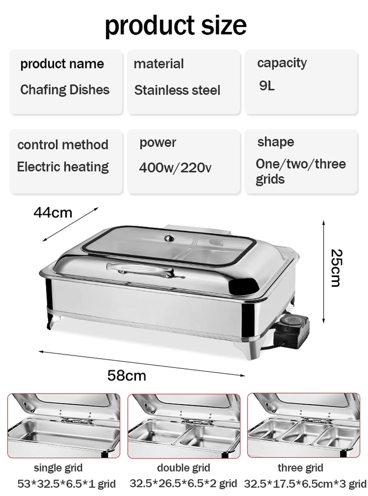 400w Scalda Vivande per Buffet Visibile, Scaldavivande Chafing Dish Elettrico con Manico Liscio, Contenitore Scalda Cibo Acciaio Inossidabile per Matrimoni Feste Banchetti Catering Eventi(Size:3grid)