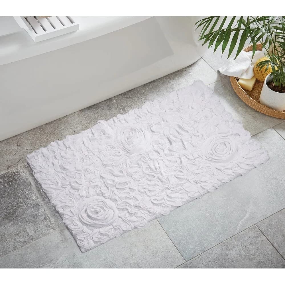 Luxurious Bright White Bathroom Rug with Pretty Floral Tufted Pattern On Solid Background All Seasons Non Slip Back