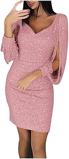 Evening Dresses Women's Elegant Glitter Tassel Long Sleeve Ball Dresses V-Neck Sexy Slim Fit Short Wrap Dresses for Wedding Prom Dresses Plain Party Dresses Mini Dresses Tight Women's Dresses Tunic