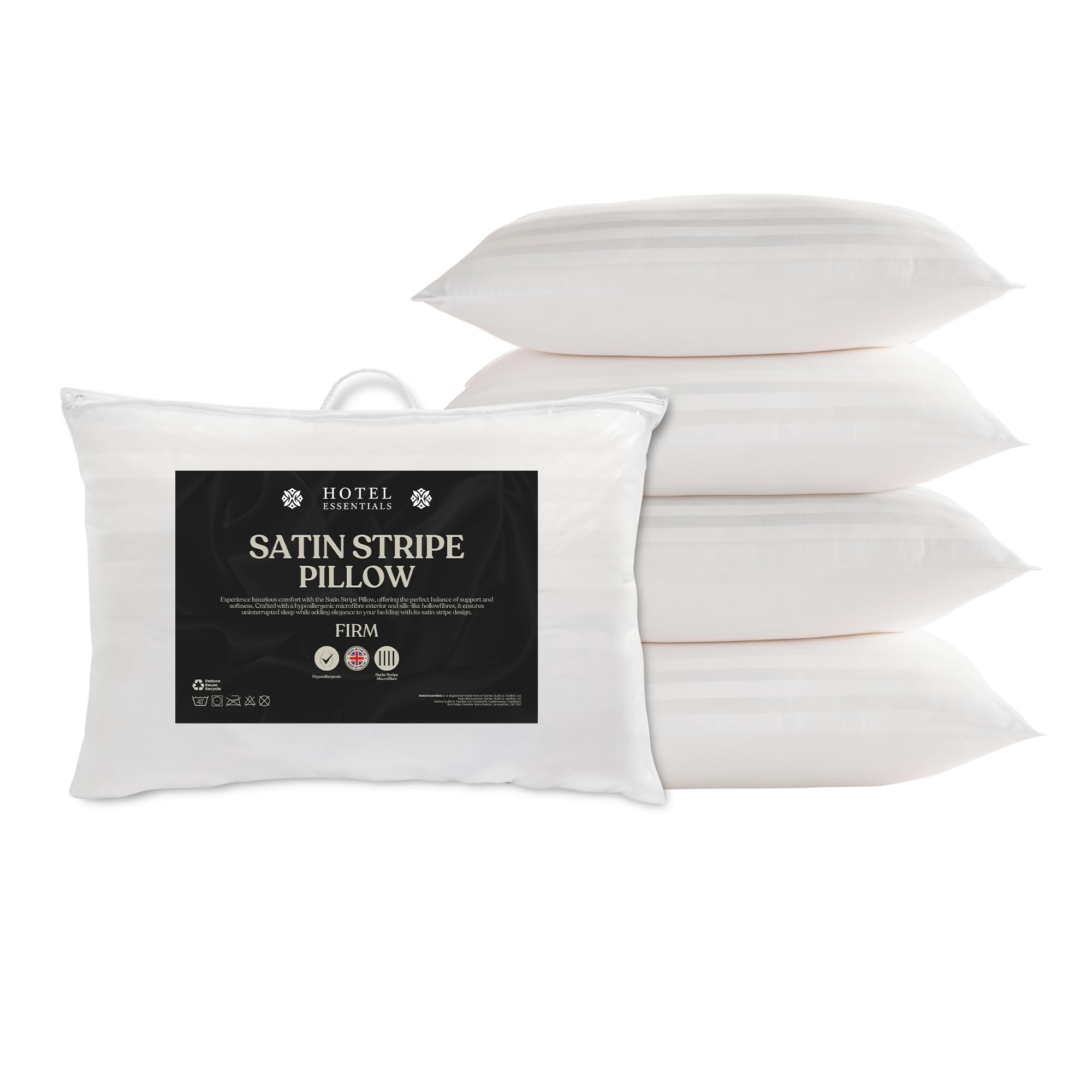Hotel Essential White Soft Touch Satin Stripe Pillow - Pack Of 4, Hypoallergenic Firm Support, Microfibre Pillows For Side Sleepers, Filled With Bouncy Hollowfibre, Big Pillows For Bed