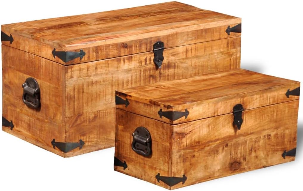 2pcs Wooden Storage Chest Set, Rough Mango Wood Storage Chest Rustic Wood Treasure Box, Sturdy Large Storage Trunk for Living Room, Bedroom