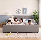 Modern Queen Size Upholstered Grounded Bed Mother & Child Bed Velvet Fabric Upholstered Floor Platform Bed with Bedside Desk and Little Round Stool for Kids Teens Boys Girls Adults (Gray--@9.9)