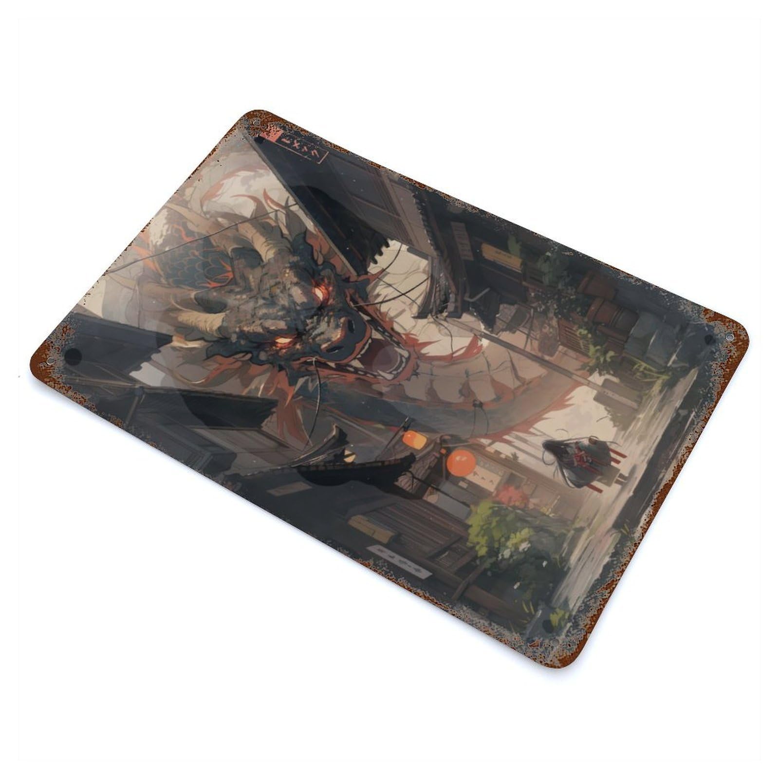 Dragon in A Edo Village 11.8"x7.9" Aged Metal Wall Plaque, Classic Wall Plaque for Basement, Hobby Room And Garage Decor