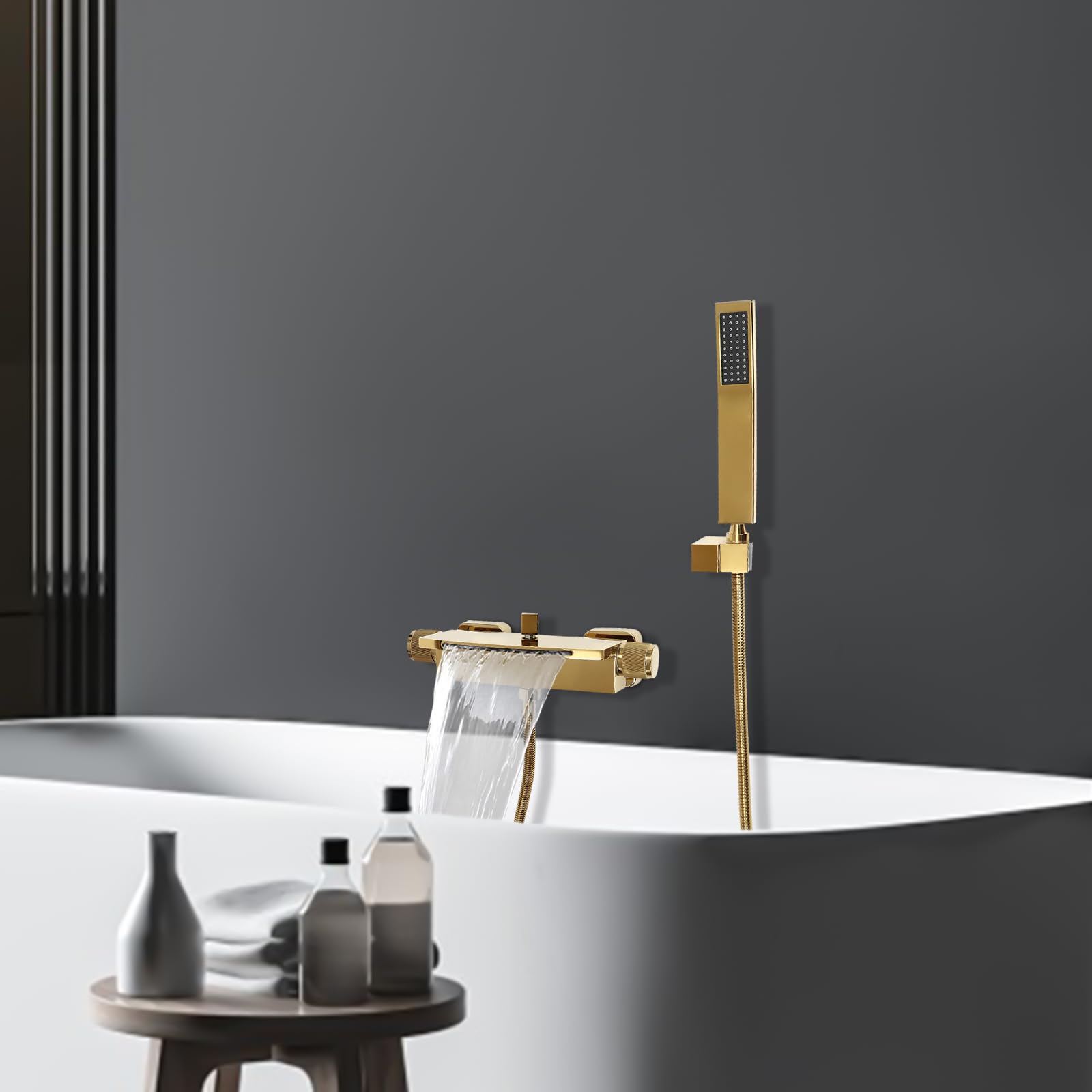 Grifo de bañera para bañera, grifo de cascada, grifo de ducha, grifo caliente y frío, grifo de mano de latón para aguas, hoteles, pensiones (dorado)