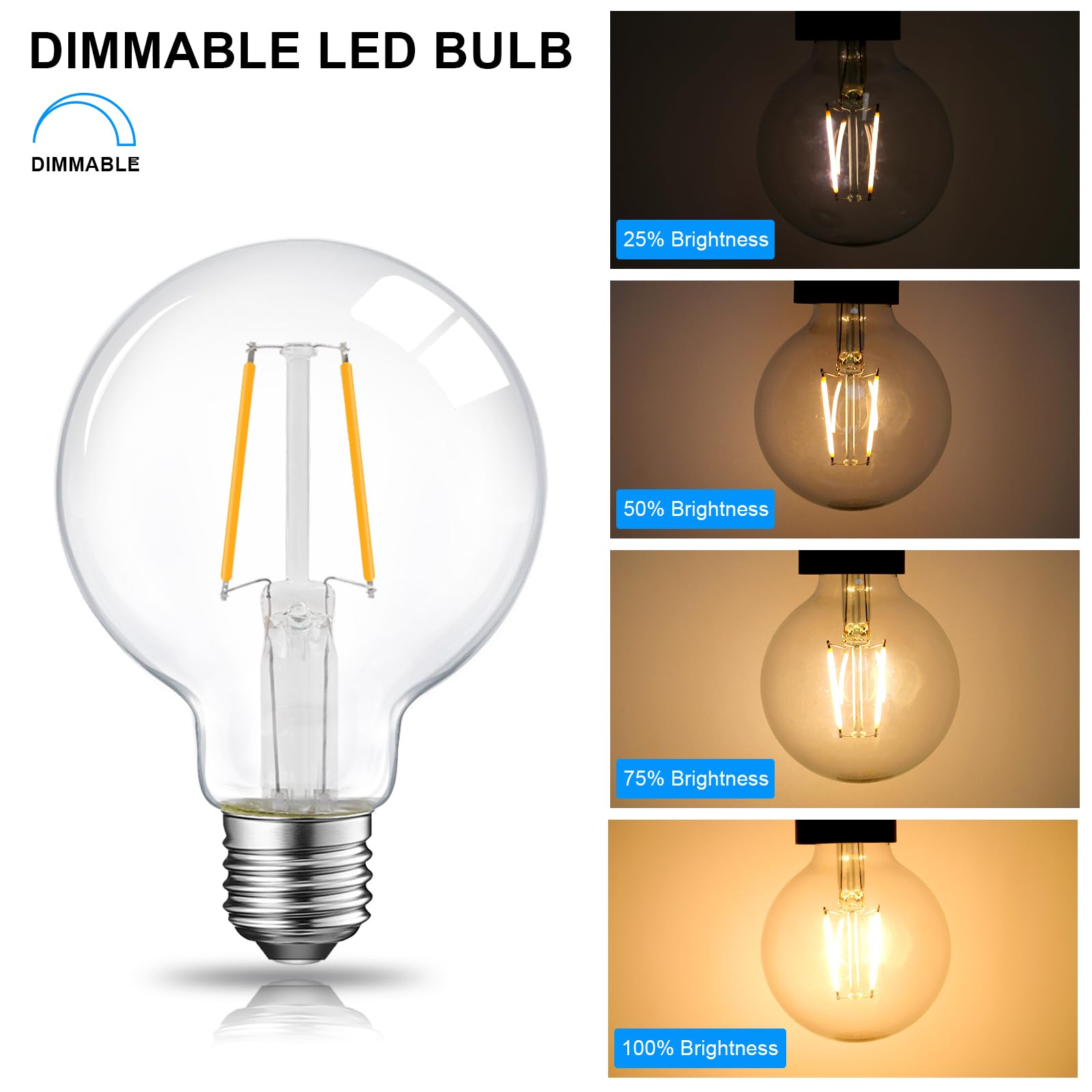 Lampadina a LED dimmerabile con attacco G25 vintage, equivalente a 60 W, 500 lumen, 2700 K, luce bianca morbida, attacco E26, certificazione UL, confezione da 6