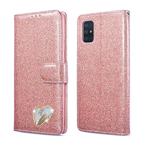 QLTYPRI for Samsung Galaxy A51 Case Wallet Case Bling Shiny Glitter Flip Folio Case Full-Body Protective Cover Card Slots Magnetic Closure Kickstand Wrist Strap for Women Girls - Rose Gold