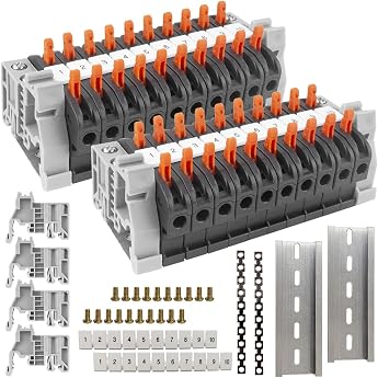 DIN Rail Terminals 20 Pieces Cable Connector Kit Connection Terminals Terminal Block Kit with Digital Marking Strips Rail Screw Fixed Base Parallel Bars for Fixed Cables
