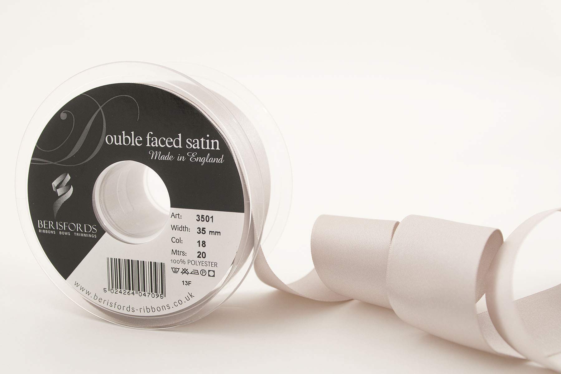Berisfords Double Satin Ribbon, Silver Grey, 35 mm