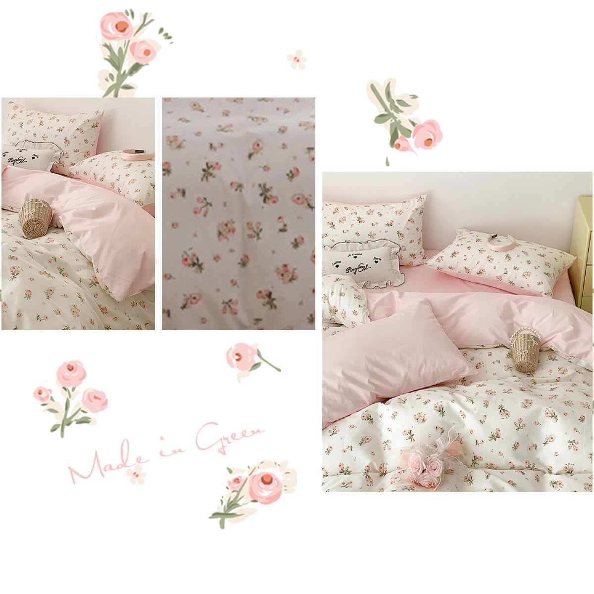 Lanqinglv Ropa de cama de 200 x 220 cm, color rosa y blanco con flores y hojas, reversible, para alérgicos, juego de ropa de cama Aesthetic ÖKO-TEX con funda nórdica con cremallera y 2 fundas de