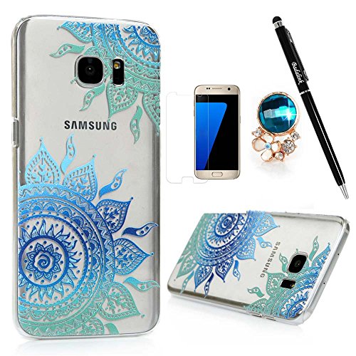 Badalink Case Compatible with Samsung Galaxy S7 Edge Case Clear Colorful Case Cute Gradient Blue Totem Flowers Design Ultra Slim-Fit PC Bumper Cover & HD Screen Protector Diamond Dust Plug Stylus Pen