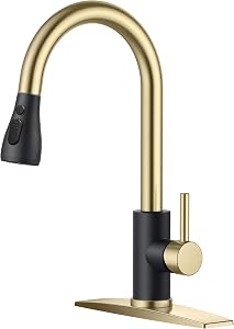 FORIOUS Kitchen Faucets Pull Down Sprayer, Stainless Steel, Black Gold