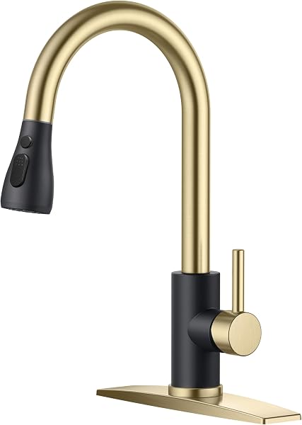 FORIOUS Kitchen Faucets Pull Down Sprayer, Stainless Steel, Black Gold