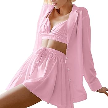 Pigiama da donna sexy � gonna sexy per le donne a tre pezzi con texture di  seta a maniche lunghe abbigliamento da casa corpo maniche trasparenti,  Rosa, XL : Amazon.it: Moda