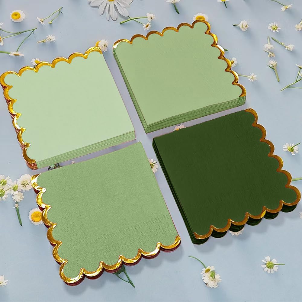 100 pack Green Cocktail Napkins with Gold Foil Accents Scalloped Edges 5 x 5 inch Beverage Disposable Napkin Party Decoration Wedding Bridal and Baby Shower Dinner Lunch Supplies - Image 3