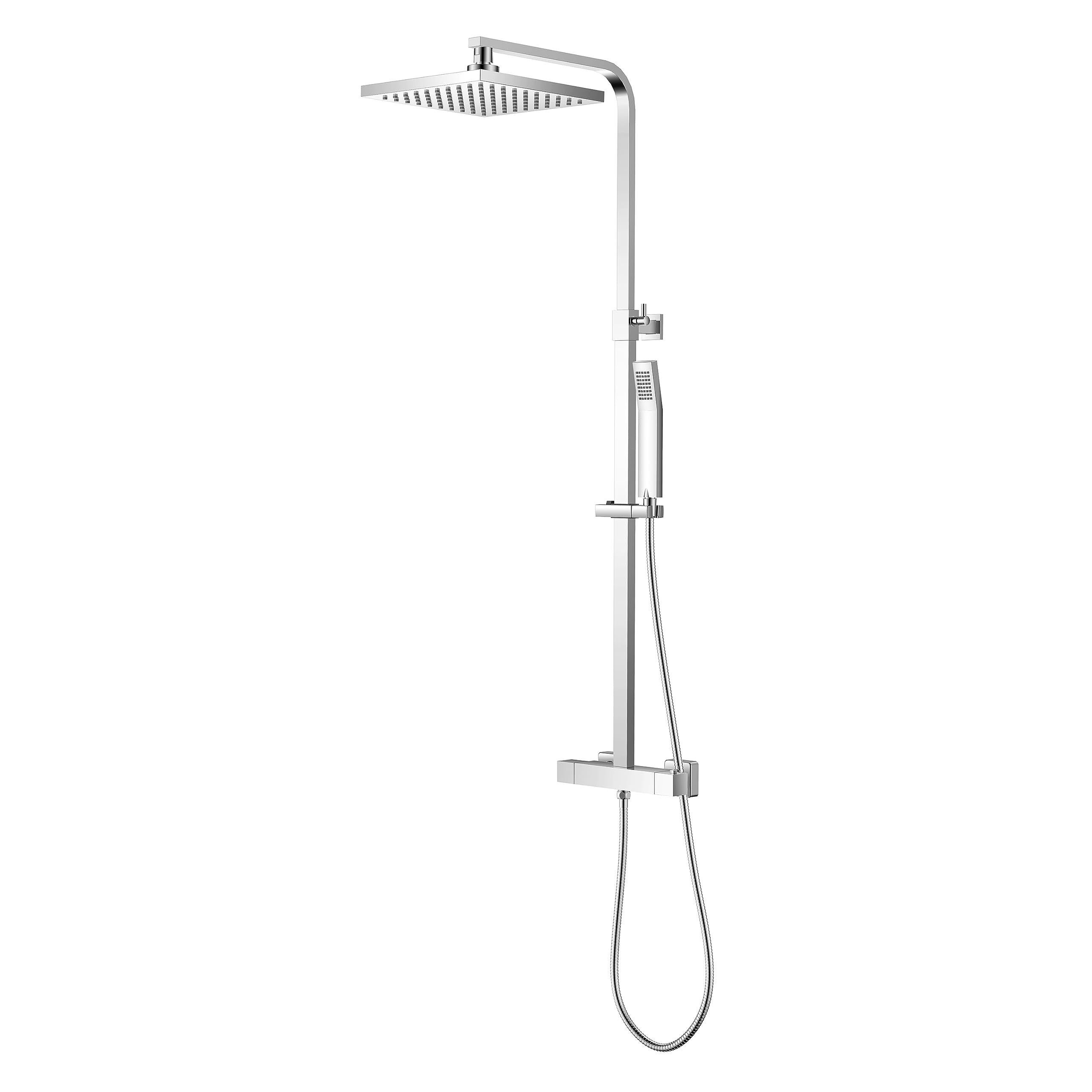 KOMIRO Duschsystem mit Thermostat, Regendusche mit Armatur, Duscharmatur mit thermostat, Duschkopf mit Schlauch und Edelstahl Höheverstellbarer Duschstange, Duschsäule Duschset, Eckig, Chrom
