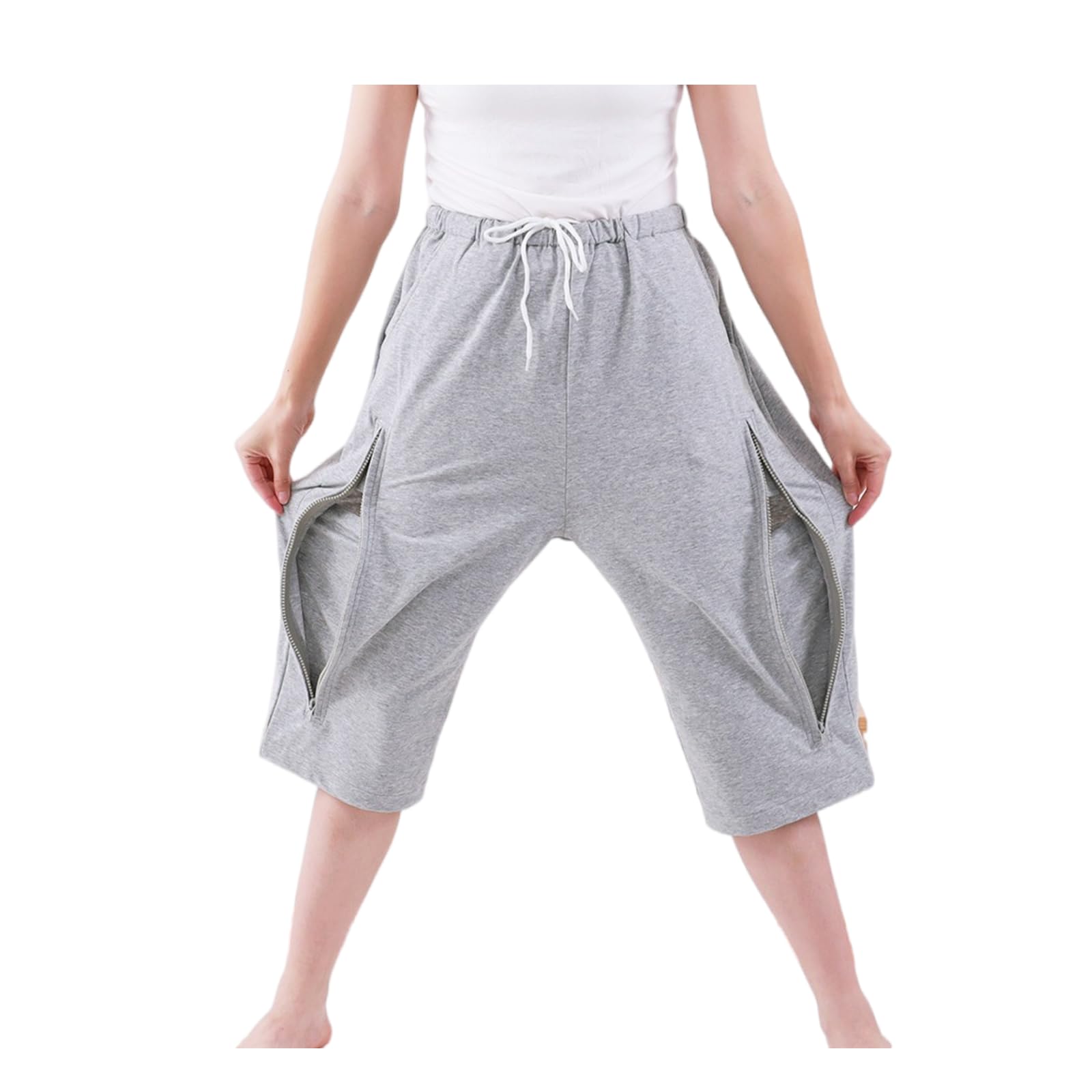 Catheter Leg Bag Cropped Pants, Men Women Nephrostomy Bag Holder Pants to wear with catheters with Dual Hidden Pockets for Hot Seasons(Grey, M)