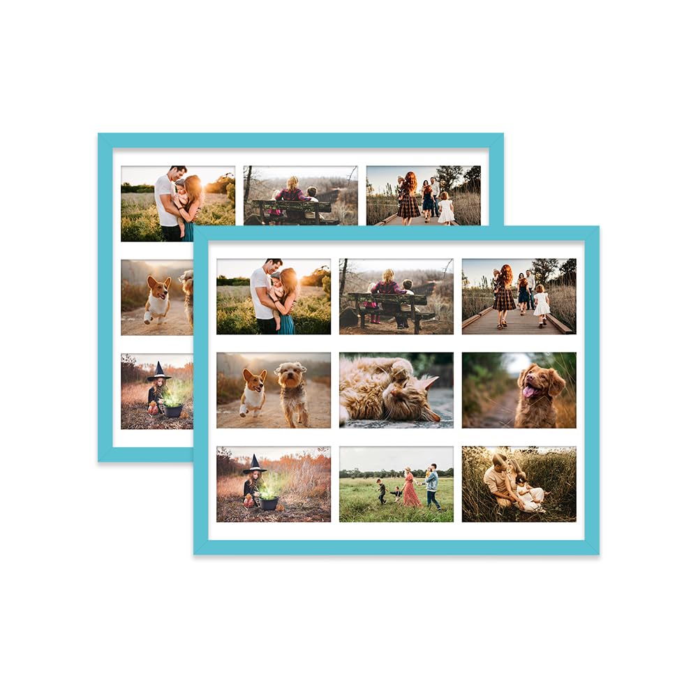 Turquoise Multi Photo Frame - Holds 9 x 6x4 Pictures, Family Collage Picture Frame for Wall Display, 20x16 Frame size, Set of 2