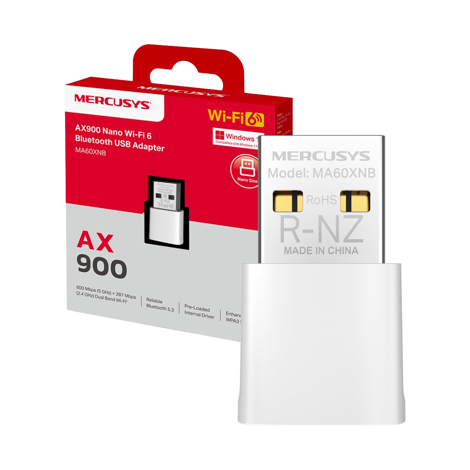 Mercusys TP-Link MA60XNB AX900 WiFi 6 USB, Bluetooth 5.3, Chiavetta WiFi per PC Fisso, Dual Band 5GHz 600Mbps + 2.4 GHz 287 Mbps, Supporta Windows 11/10, Design Nano, MU-MIMO, OFDMA, WPA3