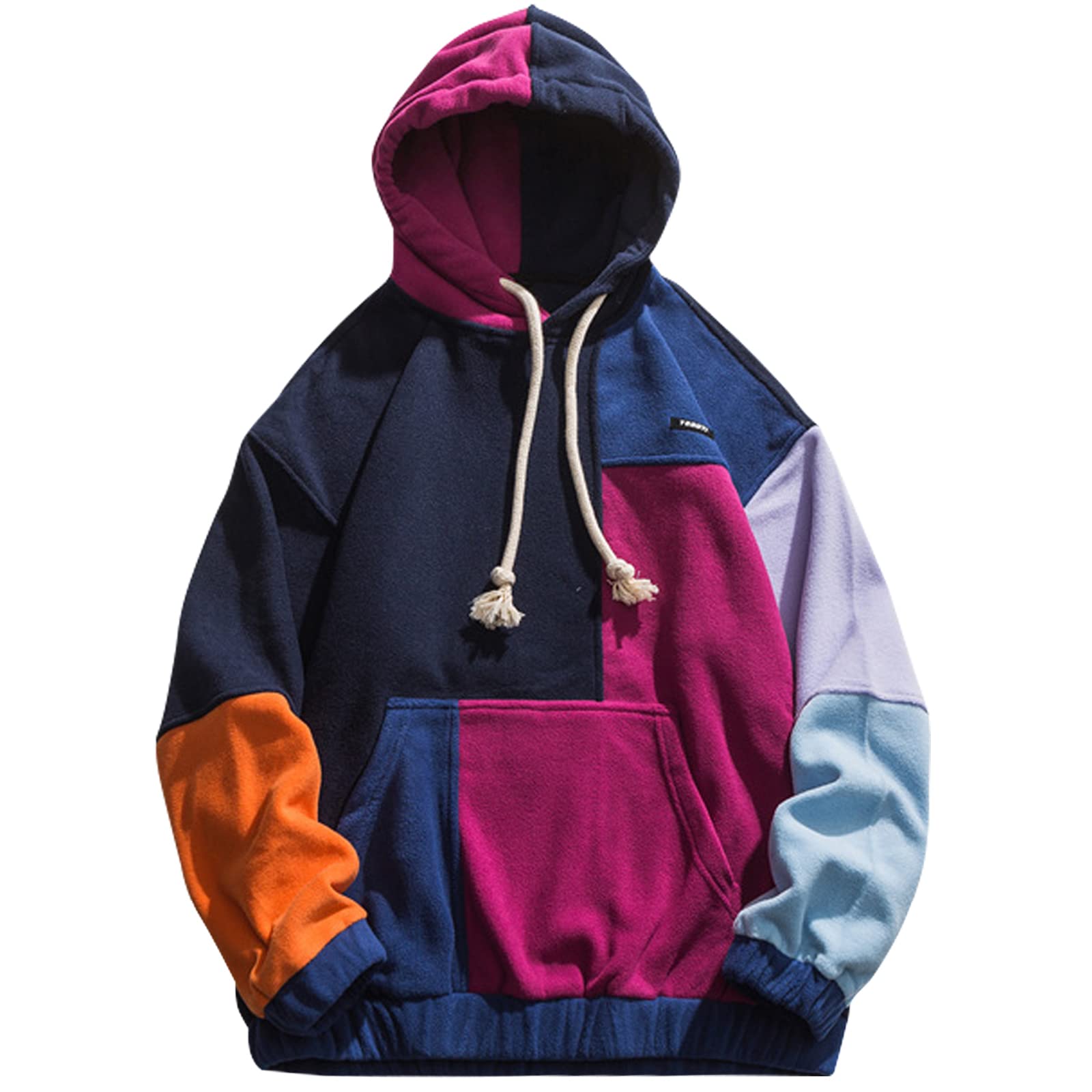 Men's Hooded Sweatshirt, Stitching Color Casual Long Sleeve Drawstring Hoody with Kanga Pocket Couples Pullover