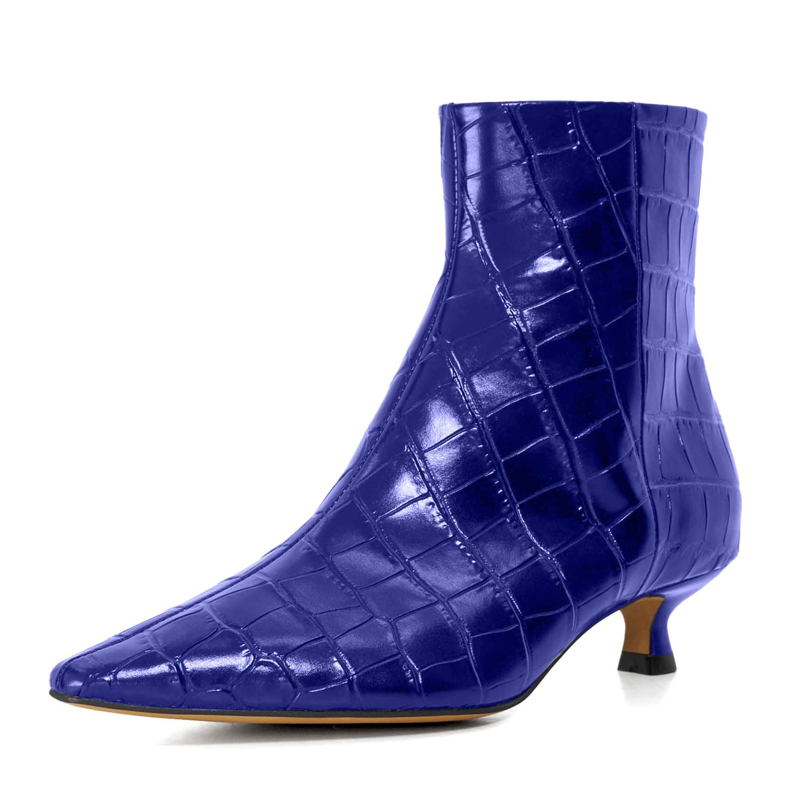 Womens Low Kitten Heel Ankle Boots Fashion Crocodile Embossed Closed Pointed Toe Side Zipper Fall Winter Comfortable Low