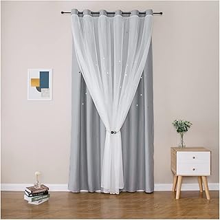 Daesar Decorative Curtain for Living Room 2 Panels, Eyelet Blackout Curtains Polyester Grey White Double Layer Star Window Treatment Curtains 54