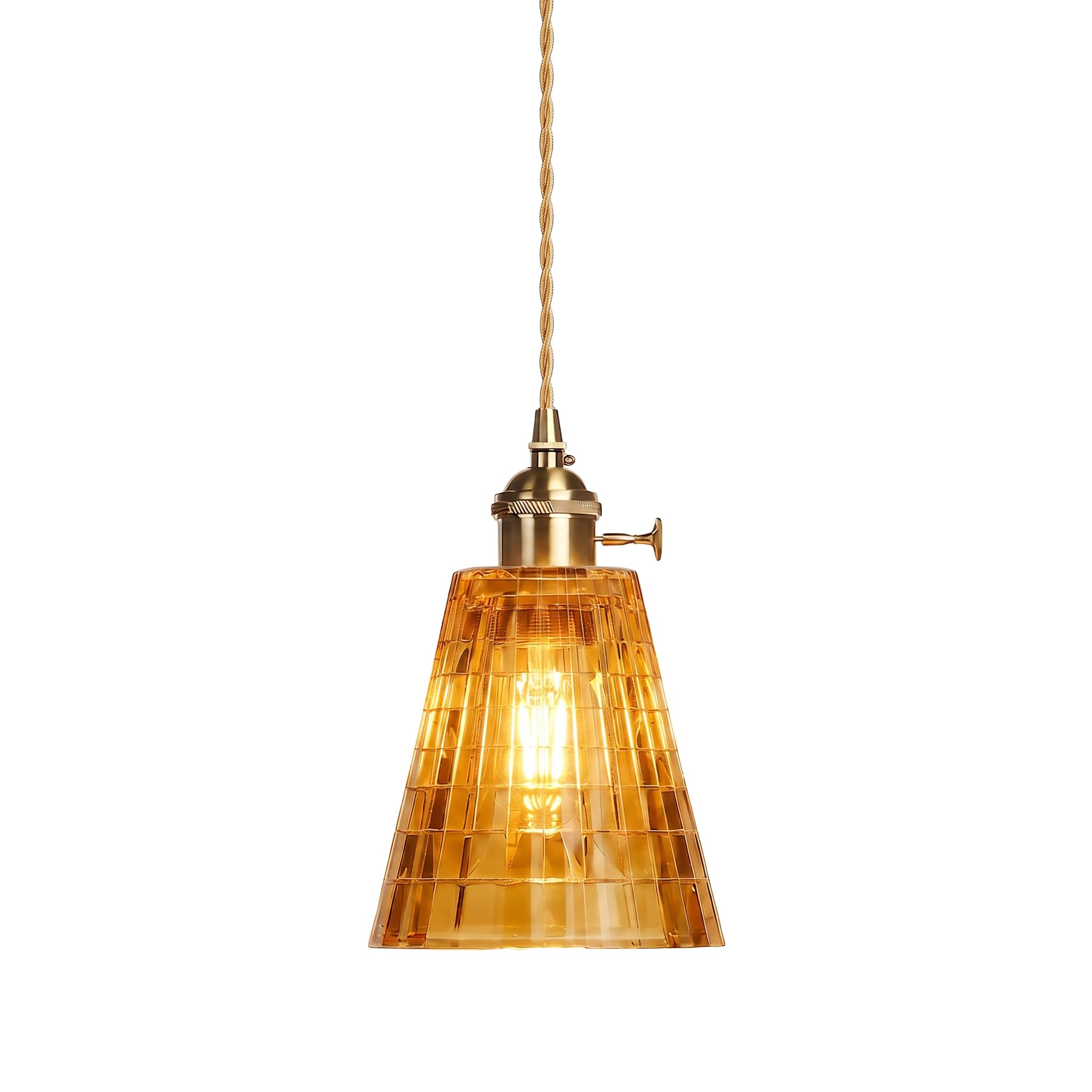 LFsem Mini Pendant Light with Grid Glass Shade & Brass Fittings, Vintage Industrial E27 Loft Bar Ceiling Drop Light, 1-Light Chandelier for Kitchen Island, Dining Room & Bedroom (Brown)