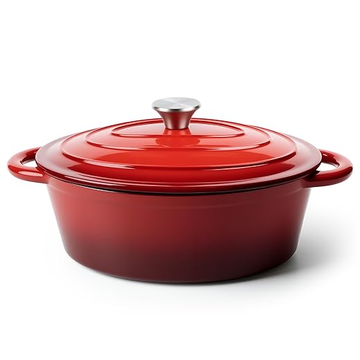 Kerilyn 4.5 QT Enameled Oval Dutch Oven Pot with Lid and Dual Handles, Cast Iron Dutch Oven for Cooking, Bread Baking, Non-stick Enamel Coated Cookware (Red)
