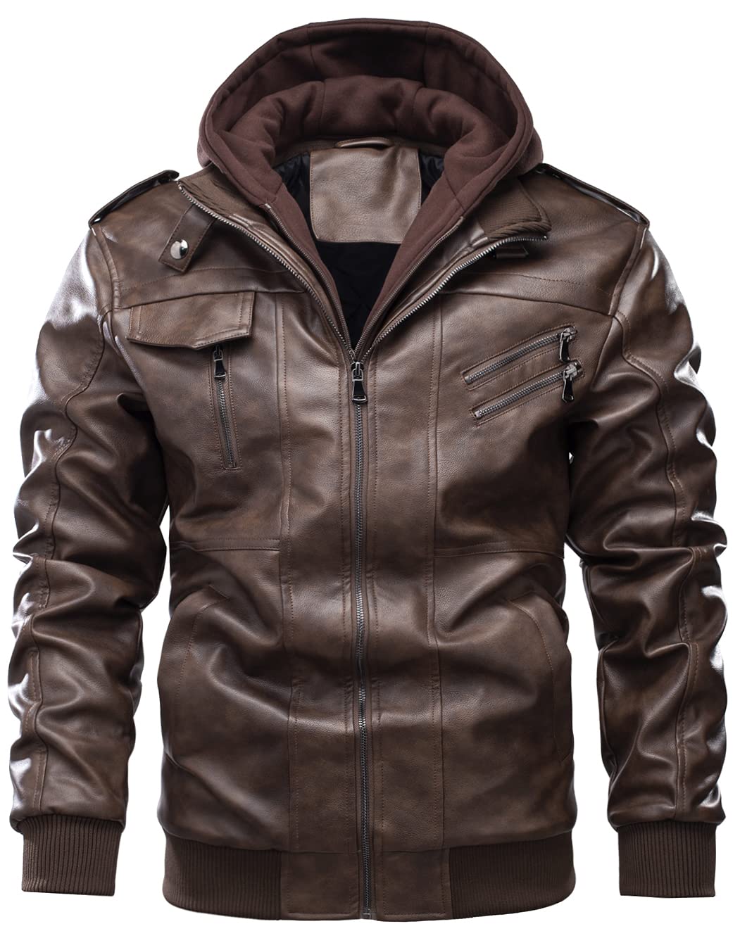LOUECHYMen's Faux Leather Jacket Zip-Up Motorcycle Jacket with Removable Hood